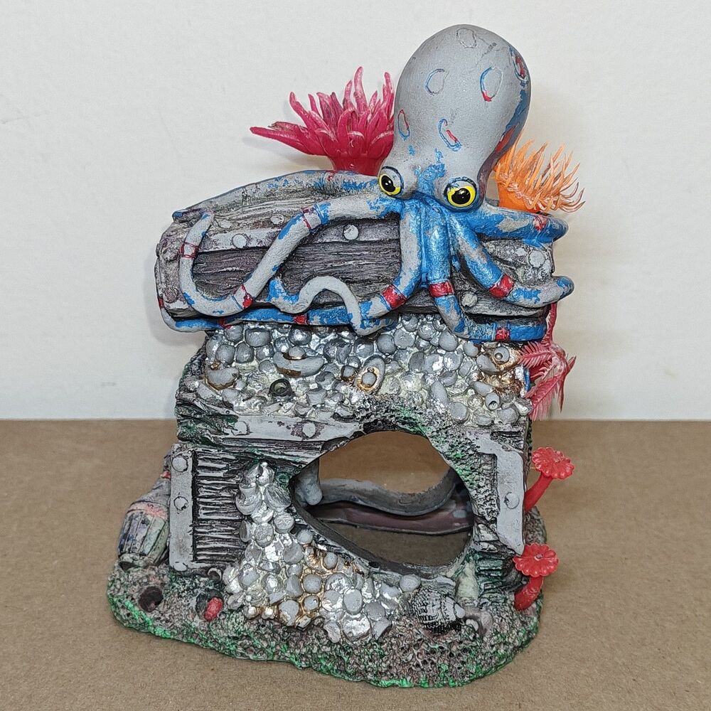 Aquarium Ornament Fish Tank Decor - Octopus Gold Treasure Chest 8"x 5"x 4"